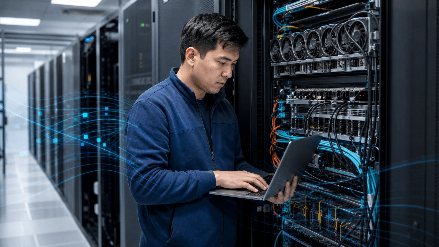 Инженер настраивает GPU-серверы для распределённого обучения MoE-моделей в дата-центре