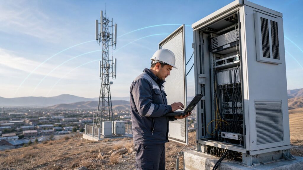 Инженер связи проверяет оборудование базовой станции 4G LTE в южном регионе Узбекистана