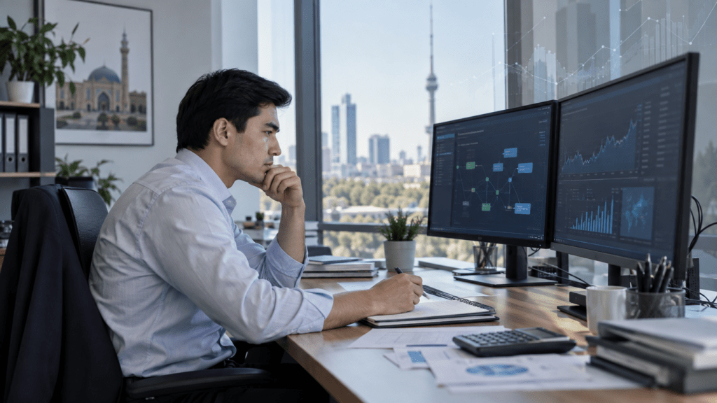 Финансовый аналитик в Узбекистане проверяет AI-модель и источники на рабочих мониторах