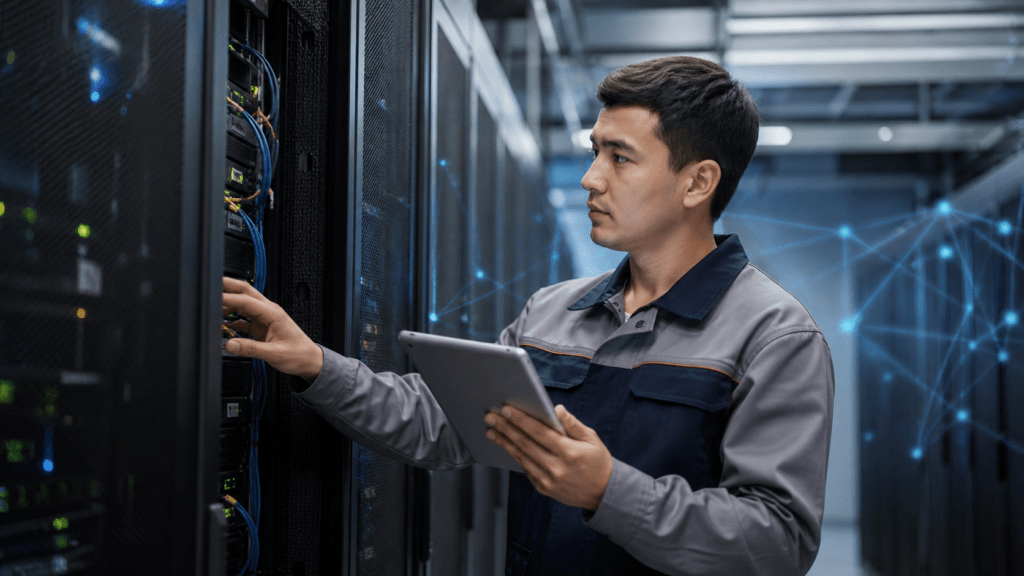 Инженер проверяет серверное оборудование в дата-центре Cloud Hub