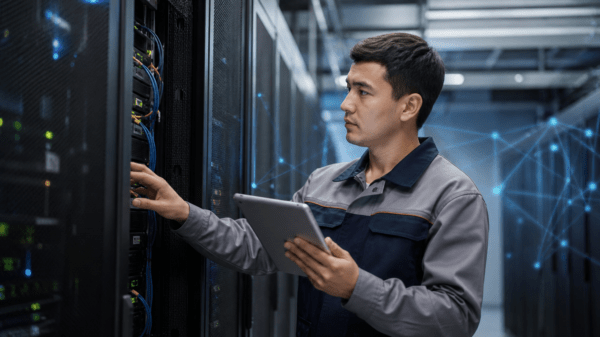 Инженер проверяет серверное оборудование в дата-центре Cloud Hub