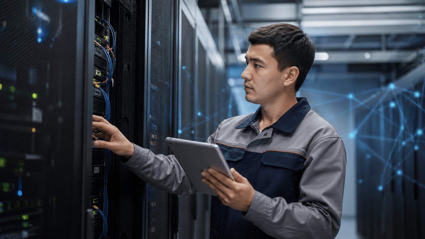 Инженер проверяет серверное оборудование в дата-центре Cloud Hub