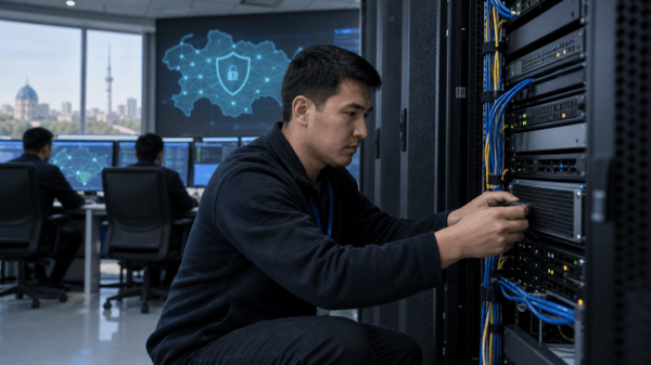 Инженер по кибербезопасности обновляет сетевое оборудование в центре мониторинга
