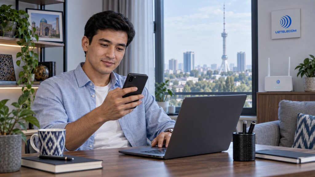 Абонент UZTELECOM проверяет новый тариф Salom Pro на смартфоне