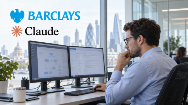 Специалист за рабочими экранами и логотипы Barclays и Claude — иллюстрация внедрения ИИ в банке