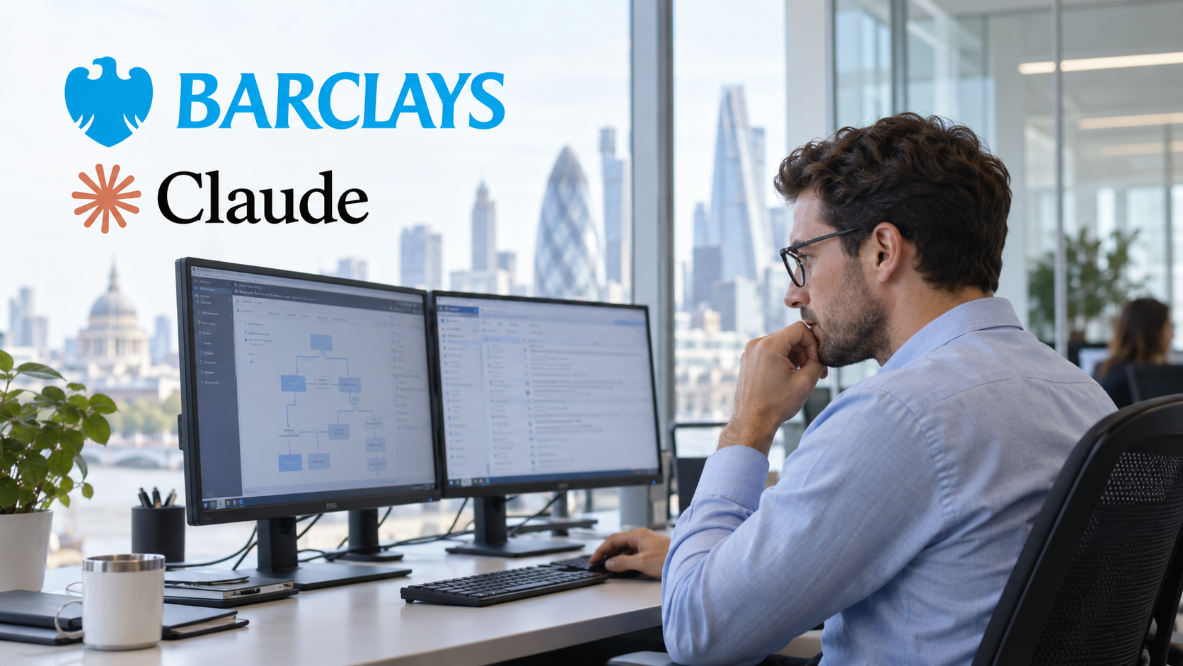 Специалист за рабочими экранами и логотипы Barclays и Claude — иллюстрация внедрения ИИ в банке