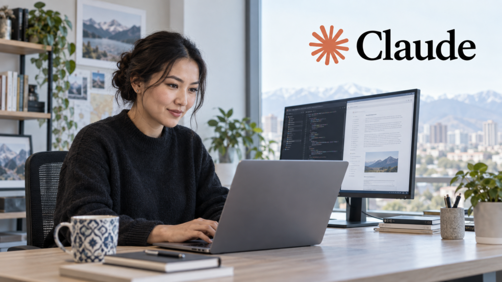 Разработчица за ноутбуком и логотип Claude — иллюстрация к выпуску Sonnet 5.5