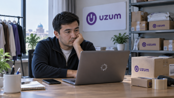 Продавец за ноутбуком рядом с посылками с логотипом Uzum — иллюстрация к материалу о сбое.